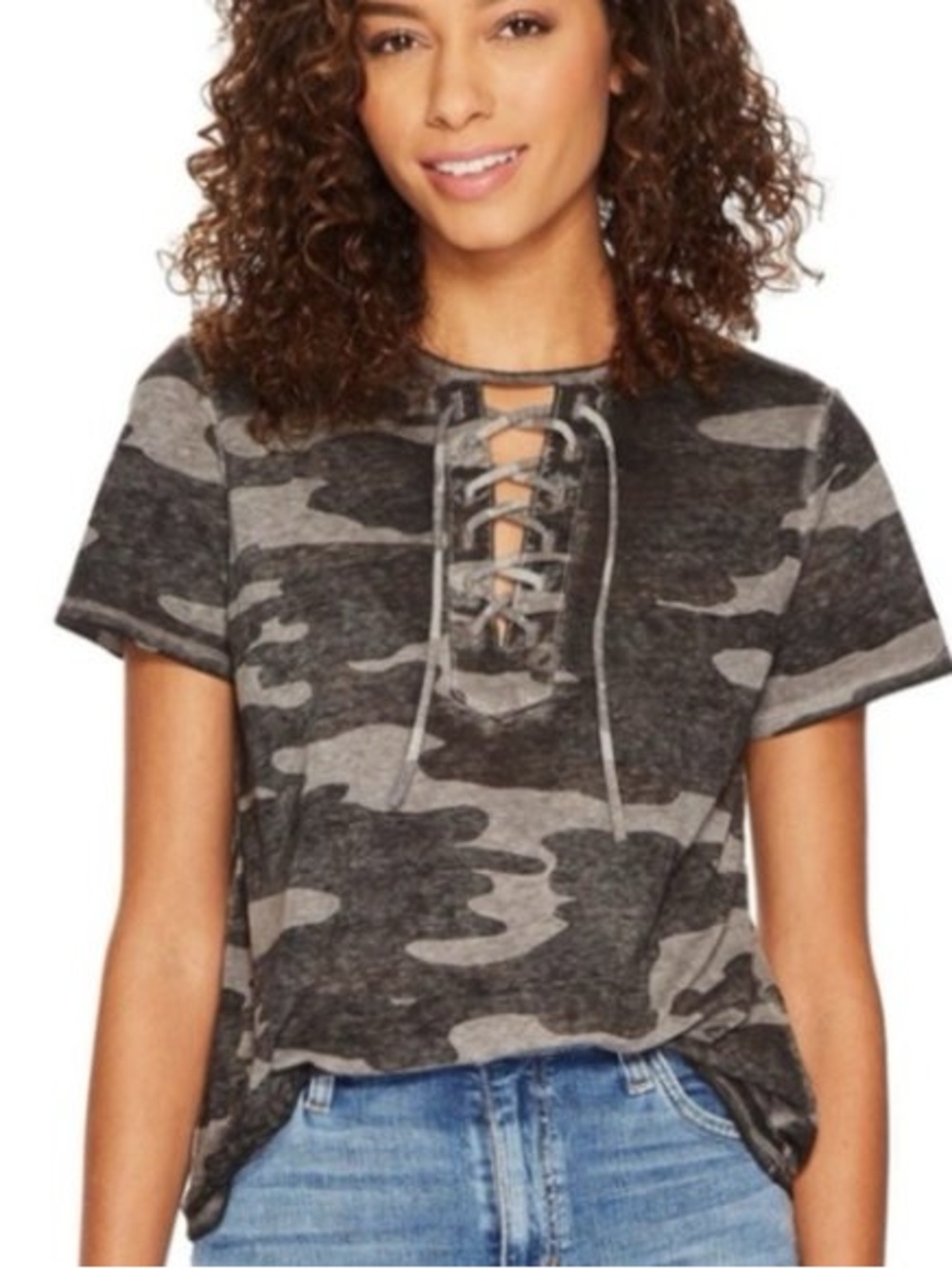 Lucky Brand Women’s Lace-Up Camo Tee - Black & Gray